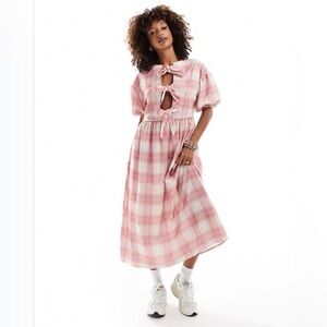 ASOS DESIGN Pink  Plaid Curve Puff Sleeve Tie Front Maxi Dress Size 14